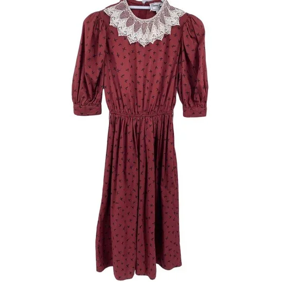 Donna Morgan Dresses | Vintage Donna Morgan Prairie Dress Size Small 5/6 Lace Collar Puff Sleeves Union | Color: Black/Red | Size: S |